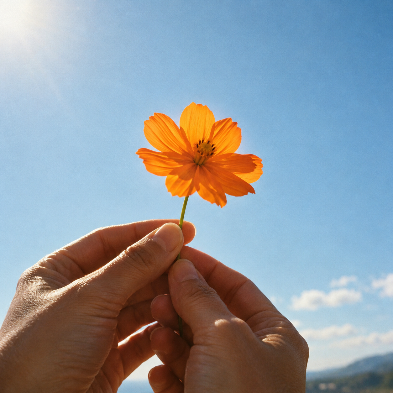 Hands holding a bright orange flower against a blue sky